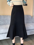 Solid High Waist Fashion Skirt, Elegant Ruffle Hem Midi Skirt, Women's Clothing