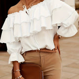 Ruffle Trim Layered Blouse, Sexy Off Shoulder Solid Blouse, Women's Clothing