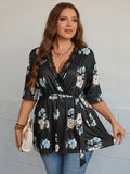 Plus Size Casual Top, Women's Plus Floral Print Contrast Lace Trim Half Sleeve Surplice Neck Medium Stretch Belted Peplum Top