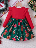 Festive Gingerbread Man Long Sleeve Dress for Girls - Special Occasion, Graphic Print, Flutter Trim, Fall Winter Christmas Gift Idea