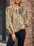 Striped Print Lantern Sleeve Blouse, Casual Crew Neck Blouse For Spring & Fall, Women's Clothing