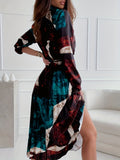 Pleated Abstract Print Dress, Casual Button Front Long Sleeve Dress, Women's Clothing