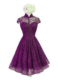 Solvbao Beautiful Purple Lace Knee Length High Neckline Party Dress, Lace Wedding Party Dress