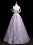 Solvbao Light Purple Off Shoulder Tulle Long Party Dress, A-line Light Purple Prom Dress