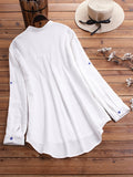 Plus Size Casual Shirt, Women's Plus Butterfly Print Roll Up Sleeve Stand Collar Button Up Blouse