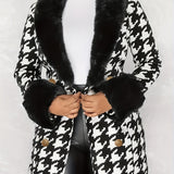 Houndstooth Faux-Fur Trim Outwear, Elegant Double Breasted Long Sleeve Belted Coat For Winter, Women's Clothing