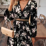 Floral Print Surplice Neck Dress, Elegant Long Sleeve A Line Dress, Women's Clothing