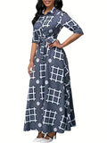 Plus Size Casual Dress, Women's Plus Geometric Print Button Up Long Sleeve Turn Down Collar Maxi Shirt Dress With Pockets