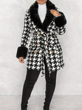 Houndstooth Faux-Fur Trim Outwear, Elegant Double Breasted Long Sleeve Belted Coat For Winter, Women's Clothing