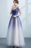 Solvbao Purple Tulle Gradient Straps Beaded Long Party Dress, New Style A-line Tulle Prom Dress