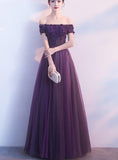 Solvbao Off Shoulder Purple Tulle with Lace Applique Party Dress, Purple Prom Dress