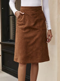 Solid High Waist Slim Corduroy Skirt, Casual Split Midi Skirt With Pocket, Women's Clothing