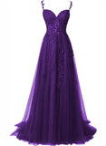 Solvbao Purple A-line Tulle Off Shoulder Long Prom Dress with Lace, Purple Evening Dress Party Dress