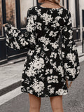 Floral Print Mini Dress, Elegant V Neck Flared Sleeve Dress, Women's Clothing