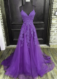 Solvbao V-neckline Purple A-line Straps Long Prom Dress, Purple Long Evening Dress Party Dress