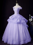 Solvbao Light Purple Tulle with Lace Off Shoulder Sweet 16 Dress, Light Purple Formal Dress