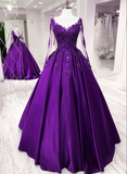 Solvbao Purple Satin Long Sleeves Prom Dress Formal Dress, Lace Applique Sweet 16 Dress