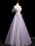 Solvbao Light Purple Off Shoulder Tulle Long Party Dress, A-line Light Purple Prom Dress