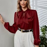 Solid Tie Neck Blouse, Elegant Long Sleeve Blouse For Spring & Fall, Women's Clothing