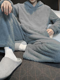 Men's Simple Style Solid Casual Pajamas Sets, Warm Flannel Lounge Wear, Long Sleeve Hoodies Pullover Top & Loose Pants