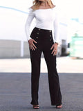 Plus Size Casual Pants, Women's Plus Solid Button Decor High Rise Elastic Straight Leg Pants