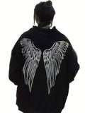 Wings Print Back Hoodies, Casual Drawstring Kangaroo Pocket Sweatshirt, Women's Clothing