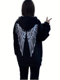 Wings Print Back Hoodies, Casual Drawstring Kangaroo Pocket Sweatshirt, Women's Clothing