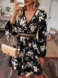 Floral Print Surplice Neck Dress, Elegant Long Sleeve A Line Dress, Women's Clothing