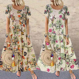 DEANWAQNGKT  Women's New Cross-Border  plus Size Women's Vintage Cotton and Linen Floral Print Summer Short Sleeve Dress