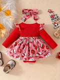 Baby's Christmas Element Patchwork Faux Two-piece Ribbed Long Sleeve Romper Dress + Hairband, Infant & Toddler Girl's Dress For Daily Wear/Holiday/Party, As Gift