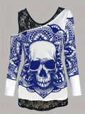 Plus Size Casual T-shirt, Women's Plus Skull & Mandala Print Contrast Lace Cold Shoulder Long Sleeve Slight Stretch T-shirt