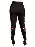 Jolly Vibes, Women's Plus Size Christmas Candy & Fruit Print Long Sleeve Tee and Leggings Set with Button Detail - Casual, Stretchy Polyester Outfit