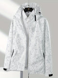 Leaf Print Outdoor Jacket With Removable Hood, Women's Windproof & Rainproof Jacket, Women's Outdoor Clothing