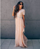 2020 summer new 2025 Popular trade women's clothing  V-neck short sleeve hollow sexy lace dress