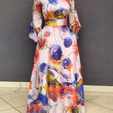 Plus Size Elegant Dress, Women's Plus Random Print Nipped Waist Bell Sleeve Round Neck Maxi Dress