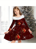 Long Sleeve Elegant Girls Graphic Jingle Bell Christmas Dress Gift