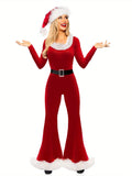 Women Christmas Costumes Cute Long Sleeve Flared Jumpsuit and Santa Hat Set for Cosplay Role-Playing Party Outfits