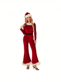 Women Christmas Costumes Cute Long Sleeve Flared Jumpsuit and Santa Hat Set for Cosplay Role-Playing Party Outfits