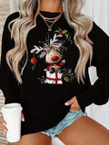 Y2K Style - Cartoon Christmas Reindeer Pattern Women's Round Neck Pullover Casual Sports Long-sleeved Plush Lined Sweater Pullover Top