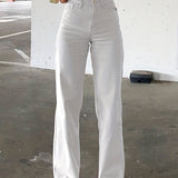 White Loose Fit Straight Jeans, Slash Pockets Non-Stretch Baggy Denim Pants, Women's Denim Jeans & Clothing