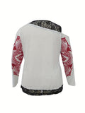 Plus Size Casual T-shirt, Women's Plus Skull & Mandala Print Contrast Lace Cold Shoulder Long Sleeve Slight Stretch T-shirt