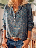 Ethnic Floral Print Blouse, Casual Half Button Long Sleeve Blouse, Women's Clothing