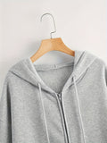 Hooded Casual Sports Fleece Sweatshirt, Solid Color Zipper Up Drawstring Hoodie, Women's Tops