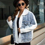 White & Blue Panel Denim Jackets, Furry Drop Shoulder Casual Fluffy Denim Coats, Women's Denim Clothing