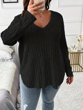 Plus Size Casual T-shirt, Women's Plus Ribbed Solid Long Sleeve V Neck Slight Stretch Top