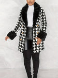 Houndstooth Faux-Fur Trim Outwear, Elegant Double Breasted Long Sleeve Belted Coat For Winter, Women's Clothing