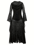 Women's Gothic Corset Waist Hoodie Lace Dress with Flare Sleeves and Lapel - Perfect for Halloween and Cosplay