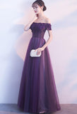 Solvbao Off Shoulder Purple Tulle with Lace Applique Party Dress, Purple Prom Dress