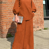 deanwangkt-1  Solid Casual Two-piece Set, V Neck Lantern Sleeve Tops & Wide Leg Pants Outfits, Women's Clothing