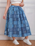 Plus Size Casual Skirt, Women's Plus Colorblock Denim Print Drawstring Elastic High Rise Slight Stretch Smock Maxi Skirt